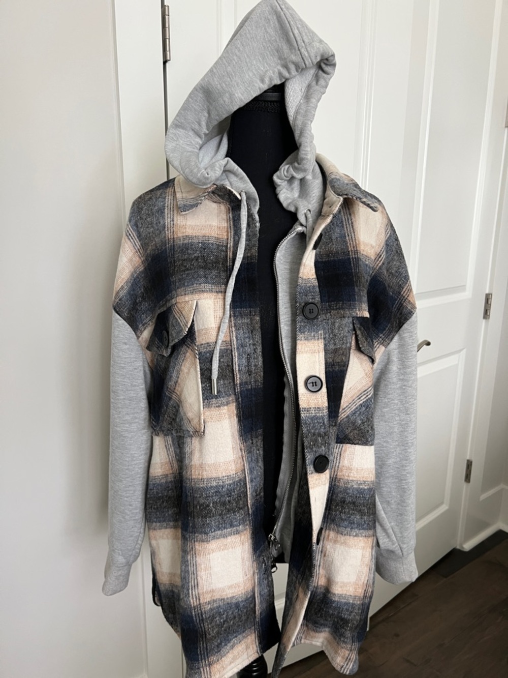 Central Park West Plaid Shacket with Gray removable Hoodie